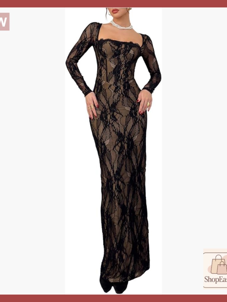 Elegant Floral Lace Maxi Dress Long Sleeve Bodycon Formal Evening Party Wear